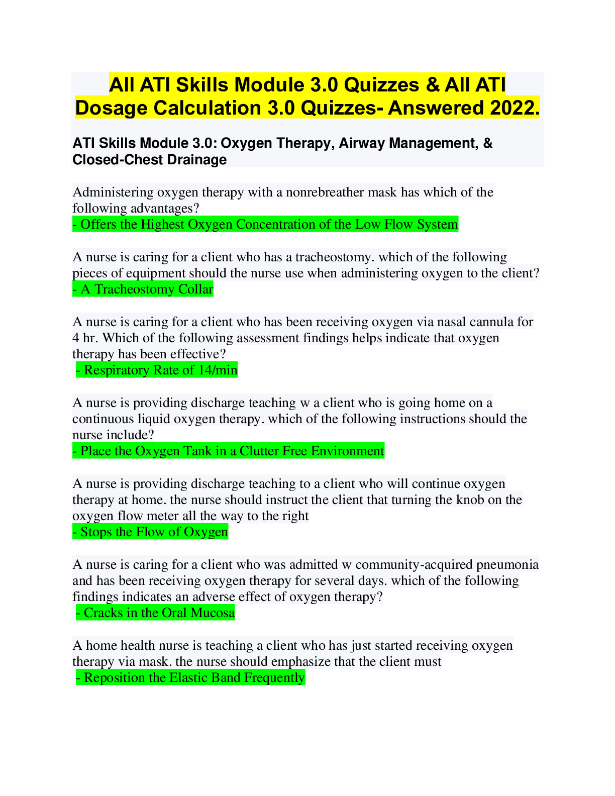 Preview image for All ATI Skills Module 3.0 Quizzes & All ATI Dosage Calculation 3.0 Quizzes- Answered 2022.
